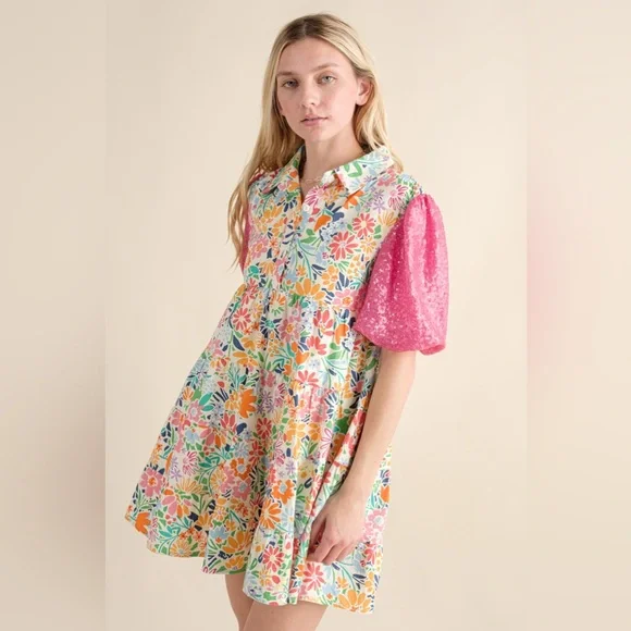 081 • Floral Button-Front Baby Doll Cotton Dress with Pink Puff Sequined Sleeves - Picture 7 of 12